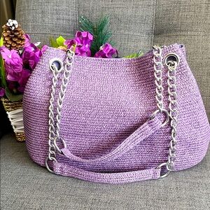 NWOT Purple Woven Shoulder Bag with Chain Strap Hardware. 16”x9”x6”